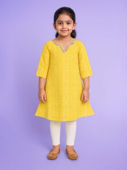 KiddoPanti - Yellow Bandhani Printed with Floral Lace Neck Kurta and Leggings