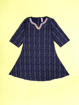 KiddoPanti - Navy Blue Bandhani Print with Floral Lace Neck Kurta