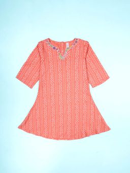 KiddoPanti - Pink Bandhani Print with Floral Lace Neck Kurta