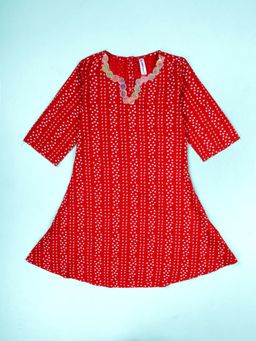 KiddoPanti - Red Bandhani Print with Floral Lace Neck Kurta