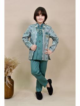 BT DEZINES - Teal Satin Embroidered Sherwani Kurta with Trouser and Necklace