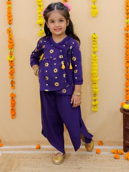 Junitos - Purple Three Fourth Sleeves Foil Printed Angrakha Kurti with Palazzo