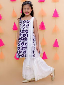 Junitos - Navy Blue Sleeveless Floral Printed Kurta with Sharara and Dupatta