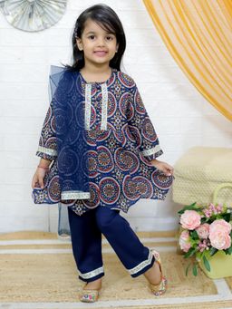 Junitos - Navy Blue Floral Printed Kurta with Pant and Dupatta