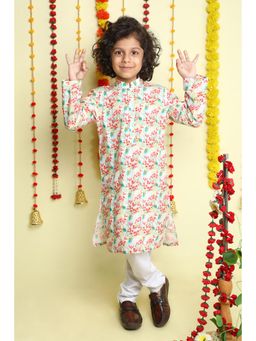 Little Clothings - Cream Peacock Bloom Floral Print Cotton Kurta with Churidar