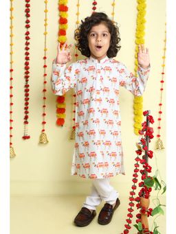 Little Clothings - White Carnival Camel Print Cotton Kurta with Churidar