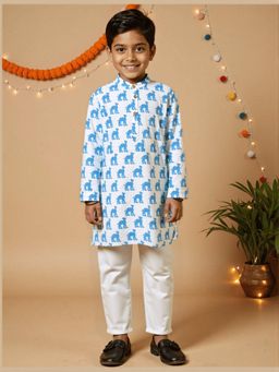 Nautinati - White and Blue Block-Printed Kurta and Pyjama for Boys