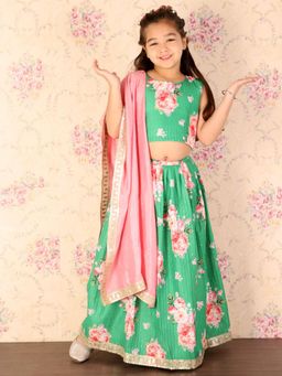 JBN Creation - Green Floral Printed Silk Blend Lehenga with Blouse and Dupatta