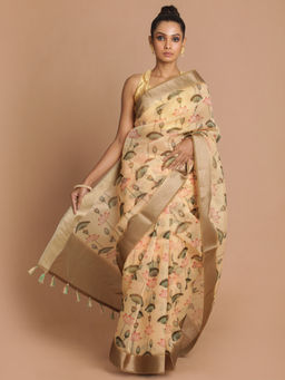 Indethnic - Banarasi Yellow Printed Party Wear Saree With Unstitched Blouse