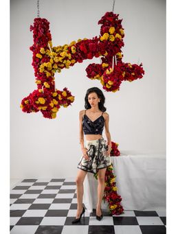 The Dramebaaz Company - Noir & Ivory Printed Bustier and Skort (Set of 2)