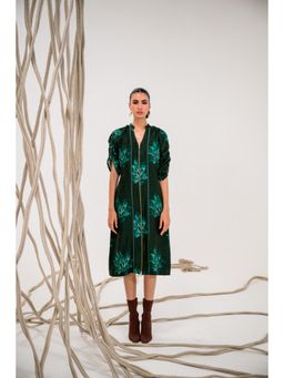 The Dramebaaz Company - Green Frost leaf Zipper Closure Midi Dress