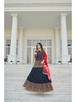 EXCLUSIVA - Navy Blue Embroidered Gota Semi-Stitched Lehenga & Unstitched Blouse & Dupatta (Set of 3)