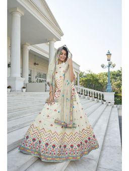 EXCLUSIVA - Cream Embroidered Gota Semi-Stitched Lehenga & Unstitched Blouse & Dupatta (Set of 3)