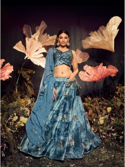 EXCLUSIVA - Blue Shibori Semi-Stitched Lehenga & Unstitched Blouse with Dupatta (Set of 3)