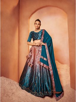 EXCLUSIVA - Teal Sequinned Embroidered Semi-Stitched Lehenga & Unstitched Blouse & Dupatta (Set of 3)
