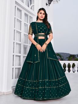 EXCLUSIVA - Green Sequinned Embroidered Semi-Stitched Lehenga & Unstitched Blouse & Dupatta (Set of 4)