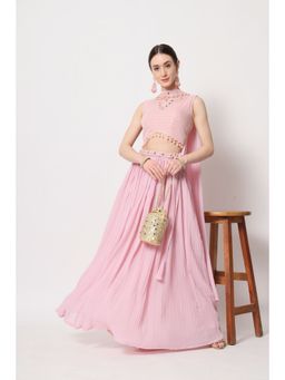 EXCLUSIVA - Pink Printed Sequence Semi-Stitched Lehenga & Unstitched Blouse with Dupatta (Set of 3)