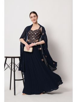 EXCLUSIVA - Navy Blue Printed Semi-Stitched Lehenga & Unstitched Blouse and Dupatta (Set of 3)