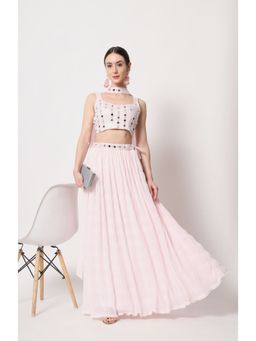 EXCLUSIVA - Pink Printed Sequence Semi-Stitched Lehenga & Unstitched Blouse with Dupatta (Set of 3)