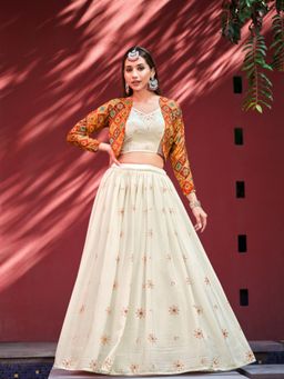 EXCLUSIVA - Beige Embroidered Semi-Stitched Lehenga & Unstitched Blouse and Jacket (Set of 3)