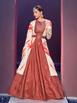 EXCLUSIVA - Brown Sequinned Embroidered Semi-Stitched Lehenga & Unstitched Blouse & Jacket (Set of 4)