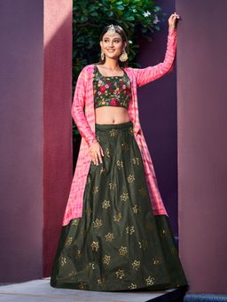 EXCLUSIVA - Green Embroidered Semi-Stitched Lehenga & Unstitched Blouse and Jacket (Set of 3)
