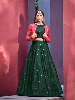 EXCLUSIVA - Green Embroidered Semi-Stitched Lehenga & Unstitched Blouse and Jacket (Set of 3)