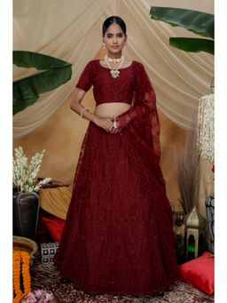 EXCLUSIVA - Maroon Embroidered Semi-Stitched Lehenga & Unstitched Blouse & Dupatta (Set of 3)