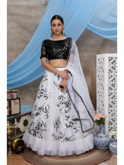 EXCLUSIVA - White Block Print Semi-Stitched Lehenga & Unstitched Blouse with Dupatta (Set of 3)