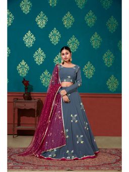EXCLUSIVA - Blue Printed Semi-Stitched Lehenga & Unstitched Blouse with Dupatta (Set of 3)