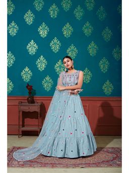 EXCLUSIVA - Blue Thread Embroidered Semi-Stitched Lehenga & Unstitched Blouse with Dupatta (Set of 3)