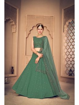 EXCLUSIVA - Green Thread Embroidered Semi stitched Lehenga & Unstitched Blouse & Dupatta (Set of 3)