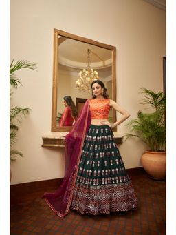 EXCLUSIVA - Green Embroidered Gota Semi-Stitched Lehenga & Unstitched Blouse & Dupatta (Set of 3)