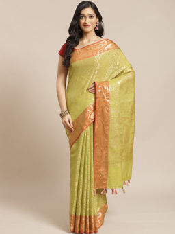 Indethnic - Banarasi Lime Green Woven Design Party Wear Saree With Unstitched Blouse