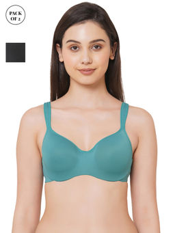 SOIE - Full Coverage Padded Wired Sweetheart Neckline Seamless Cups Bra-Pack of 2-Black-Teal