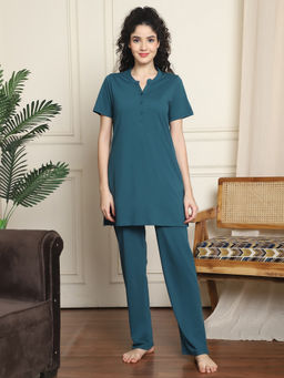 Indreams - Women Teal Solid Top with Pyjama (Set of 2)