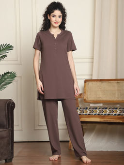 Indreams - Women Brown Solid Top with Pyjama (Set of 2)