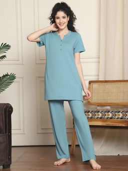 Indreams - Women Blue Solid Top with Pyjama (Set of 2)