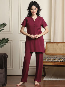 Indreams - Women Maroon Solid Top with Pyjama (Set of 2)