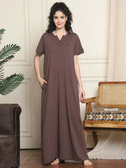 Indreams - Women Brown Solid Mandarin Collar Nightdress