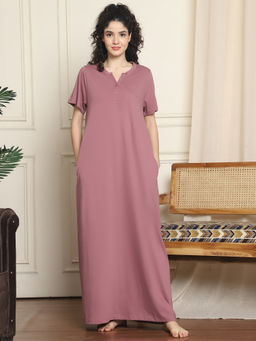 Indreams - Women Pink Solid Mandarin Collar Nightdress