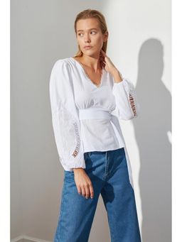 Trendyol - White Puff Sleeve Blouse With Tie Waist