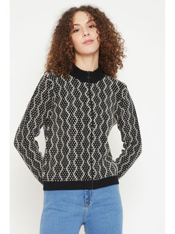 Madame - Women Black & Off White Front-Open Sweater