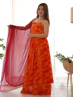 Rangpur - Orange and Red Bandhani Anarkali Kurta with Dupatta (Set of 2)