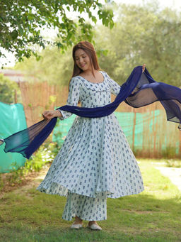 Rangpur - White Handblock Anarkali Kurta Palazzo with Dupatta (Set of 3)