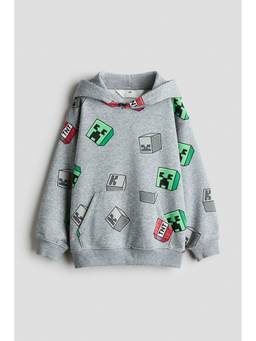 H&M - Boys Grey Printed Brushed-Inside Hoodie