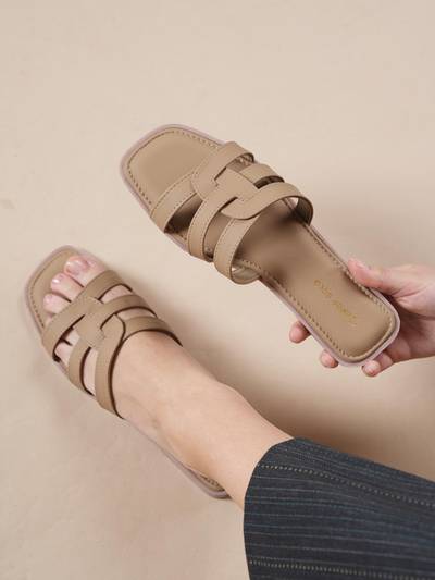 Beige Dual Strap Open Toe Comfort Flats for Women