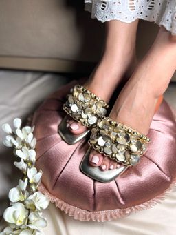 Sandal Stories - Golden 3D Flower Embellished Flats