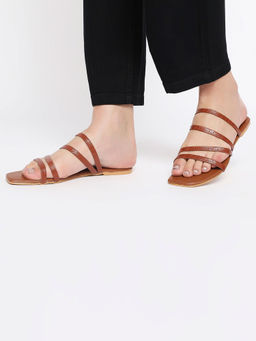 Twenty Dresses by Nykaa Fashion - Tan Textured Srappy Square Toe Flats