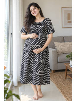 Putchi - Maternity Cotton Zebra Maze Zipless Feeding Gown With Belt - Black